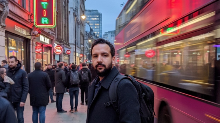 Omar Abbas on a busy London street with a red double-decker bus motion blur, featured image for London outdoor advertising and Tube ads article