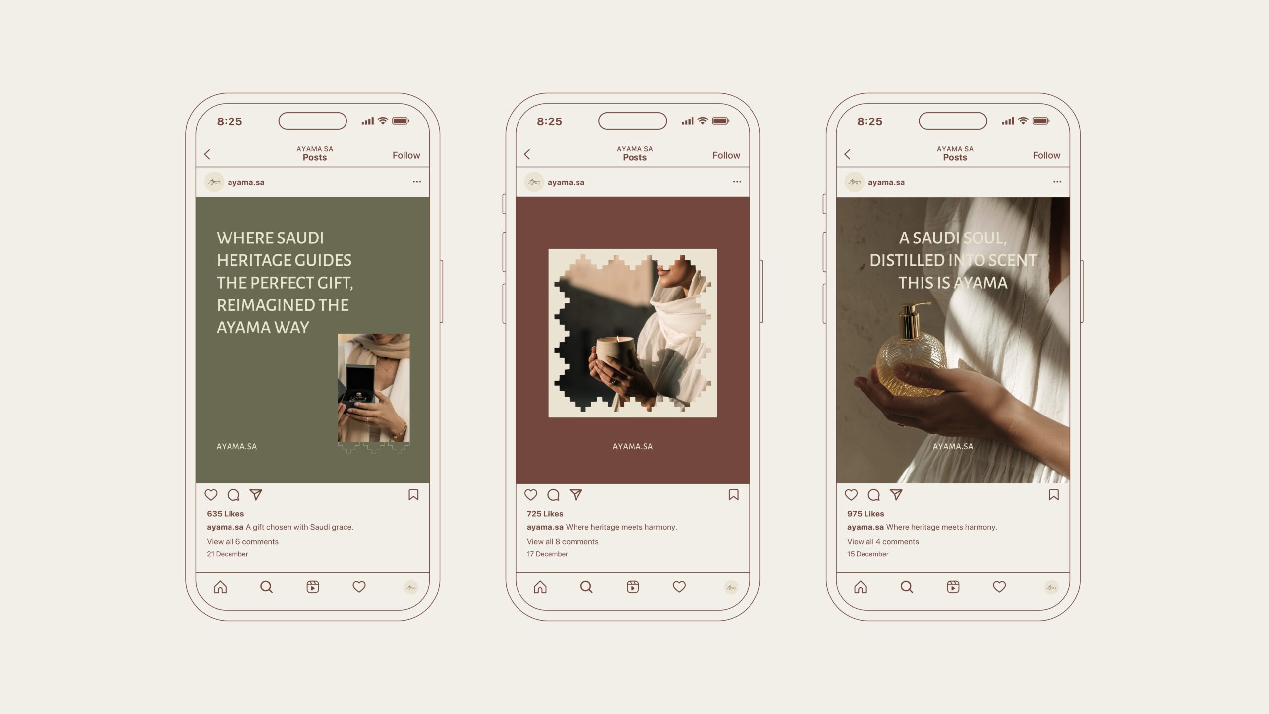 Social media launch templates for Ayama showing a consistent premium Saudi gifting layout system