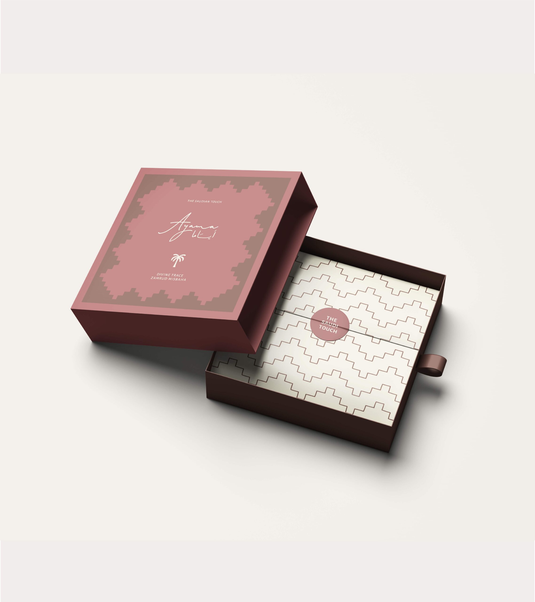 Premium gift box packaging concept for Ayama with Saudi gifting visual system Caption: Packaging concept for the gifting experience