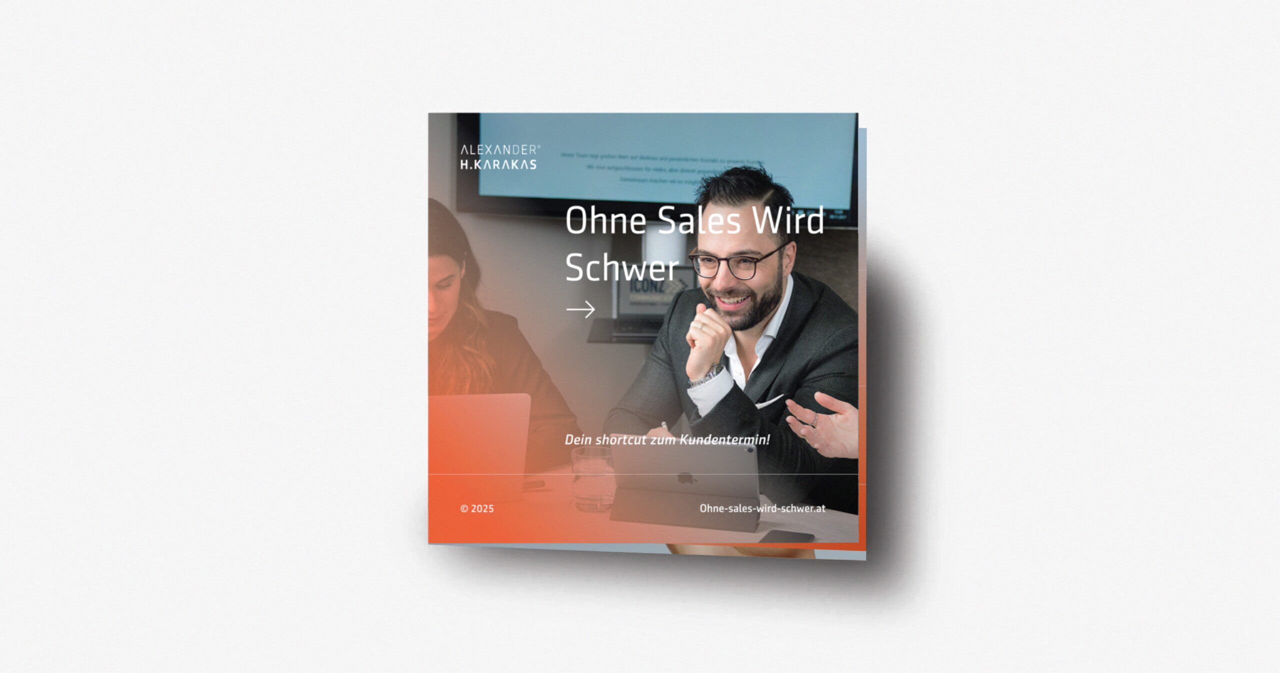 Sales brochure cover mockup for Alexander H. Karakas with German headline and meeting-focused call to action