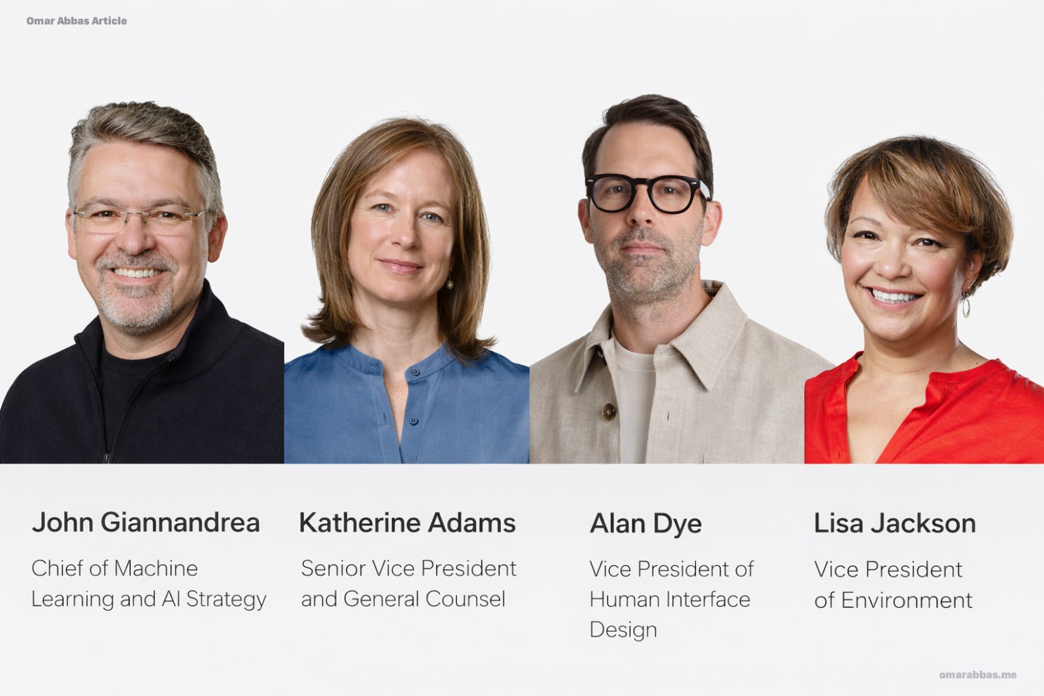 Apple executives involved in the 2026 leadership transition across AI, legal, design, and environment
