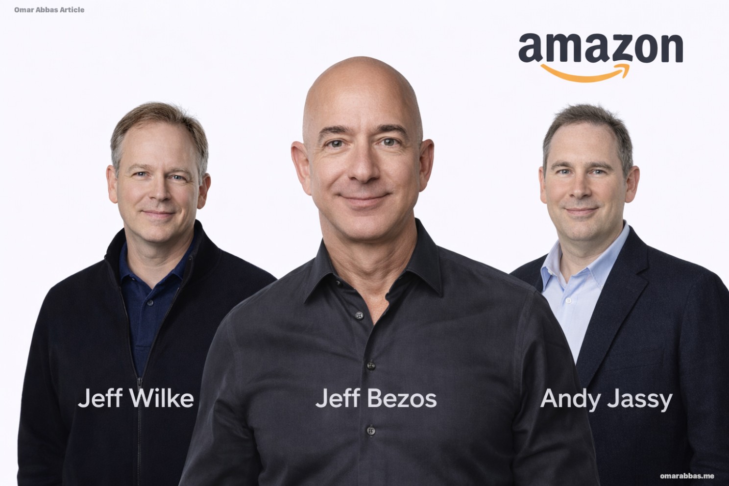 Jeff Wilke, Jeff Bezos, and Andy Jassy representing Amazon’s managed CEO transition