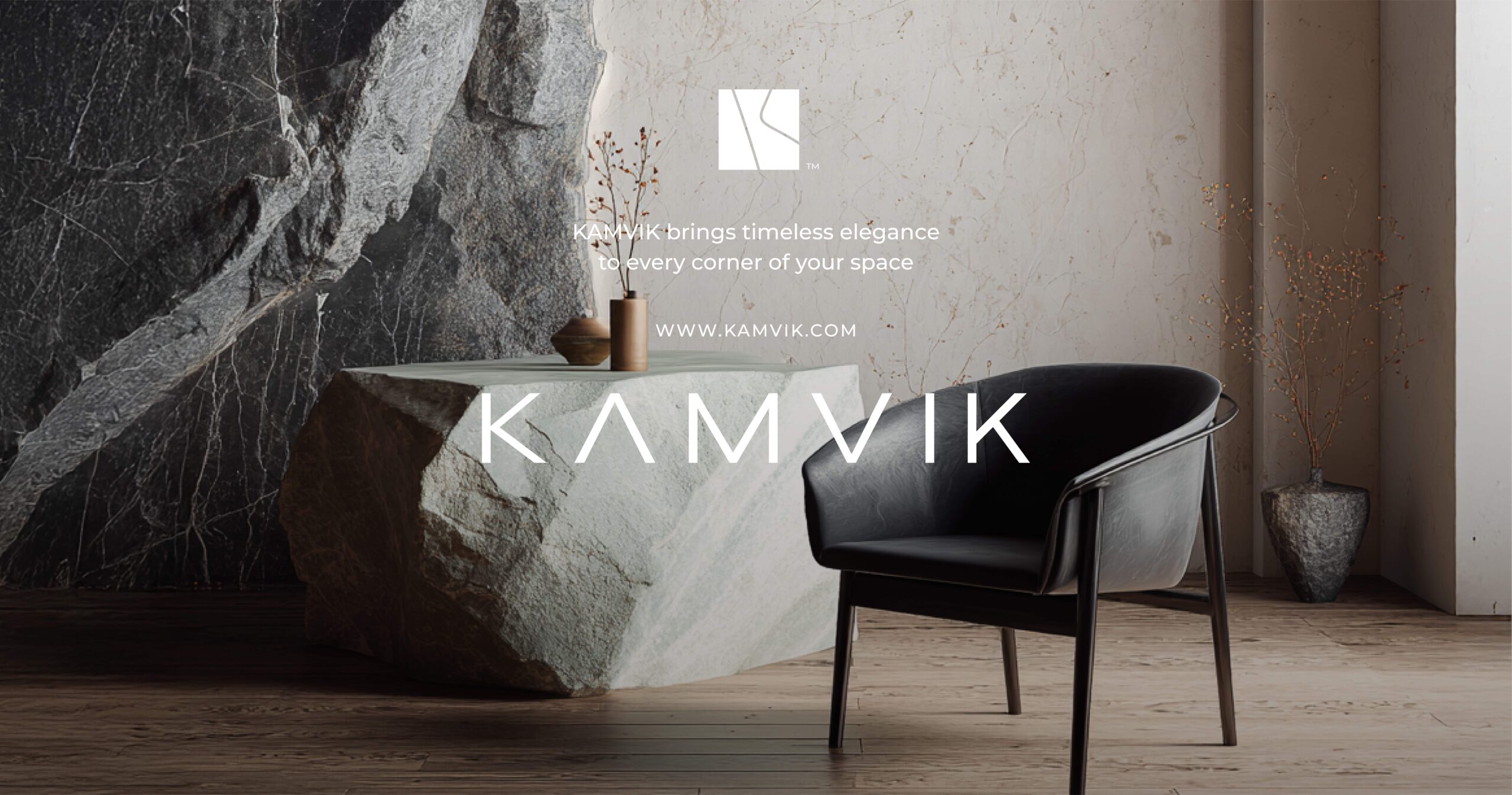 Kamvik brand identity cover with stone interior, marble counter, and Kamvik wordmark.