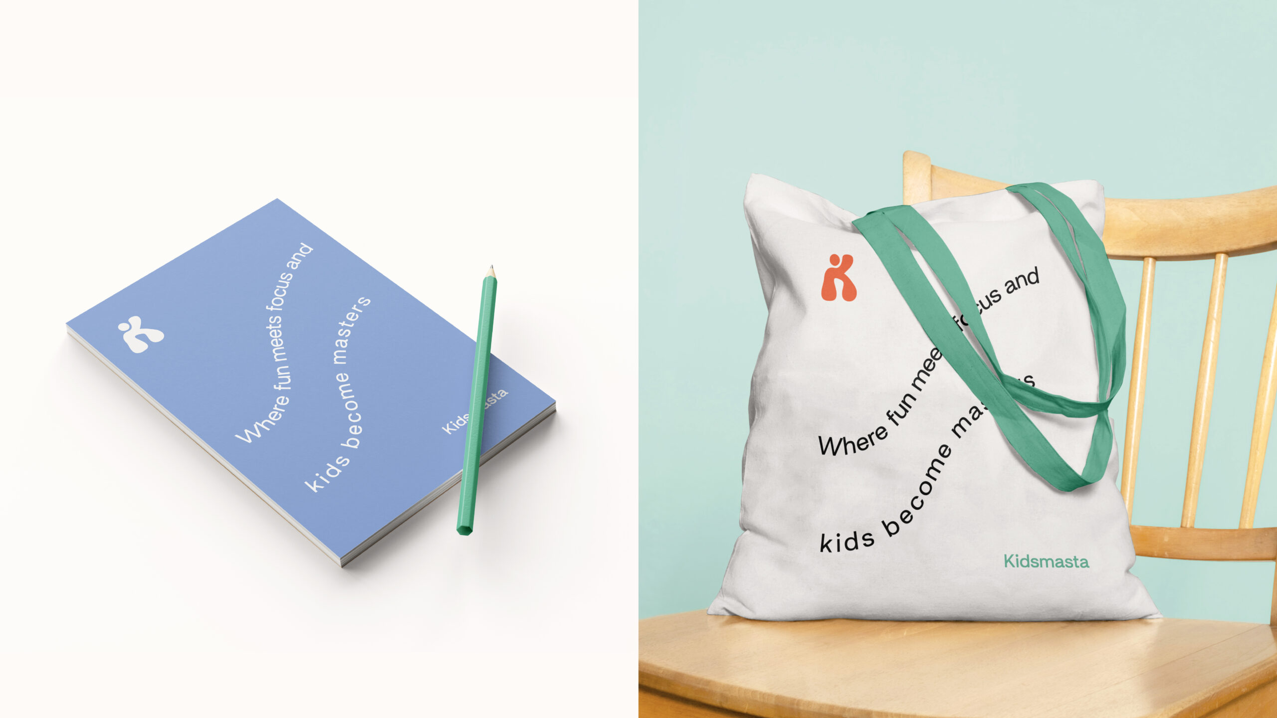 Kidsmasta branding applied on a notebook and tote bag mockups with the Kidsmasta logo and tagline.