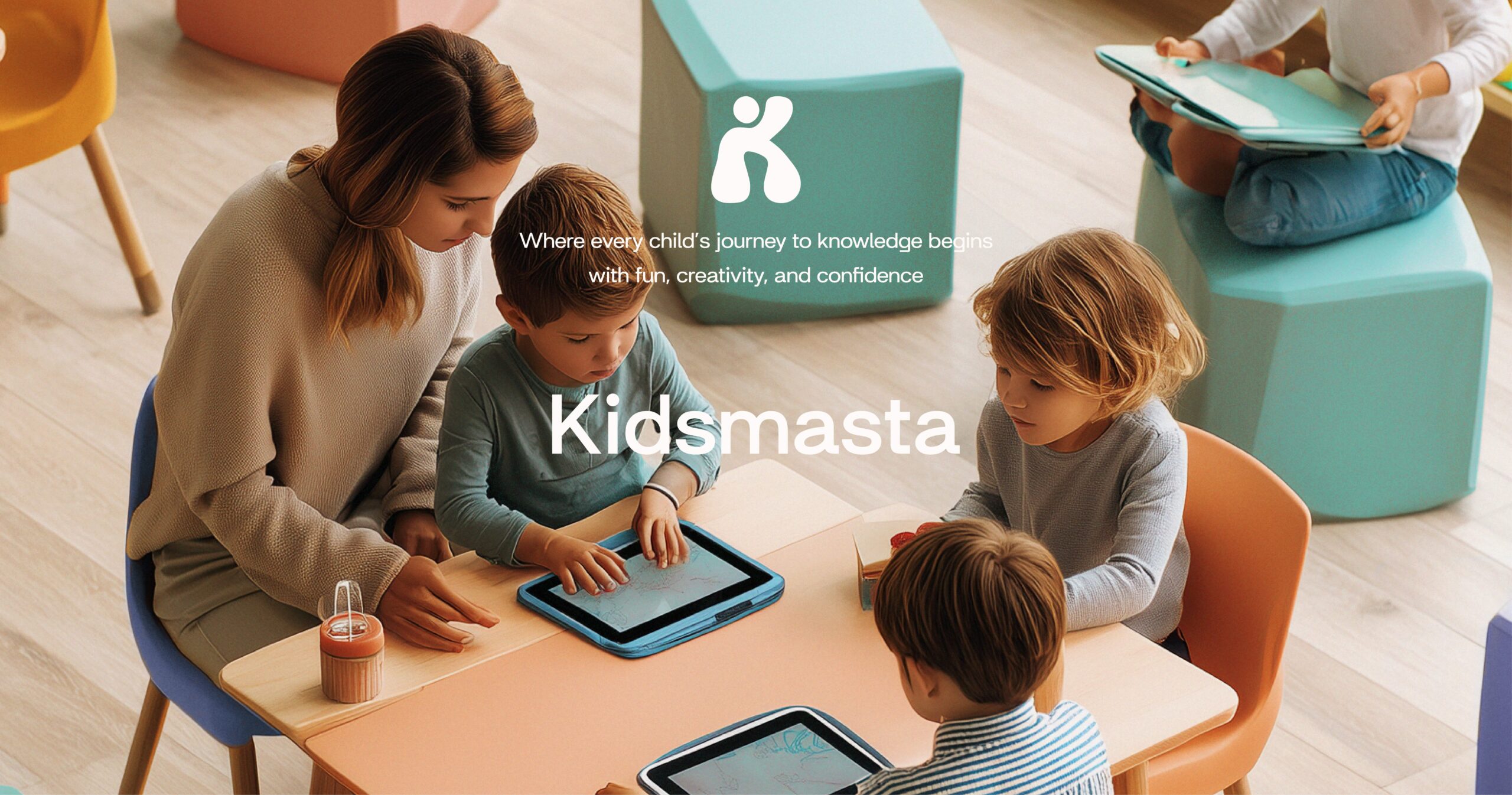 Kidsmasta kids learning app branding cover showing classroom scene and Kidsmasta logo.