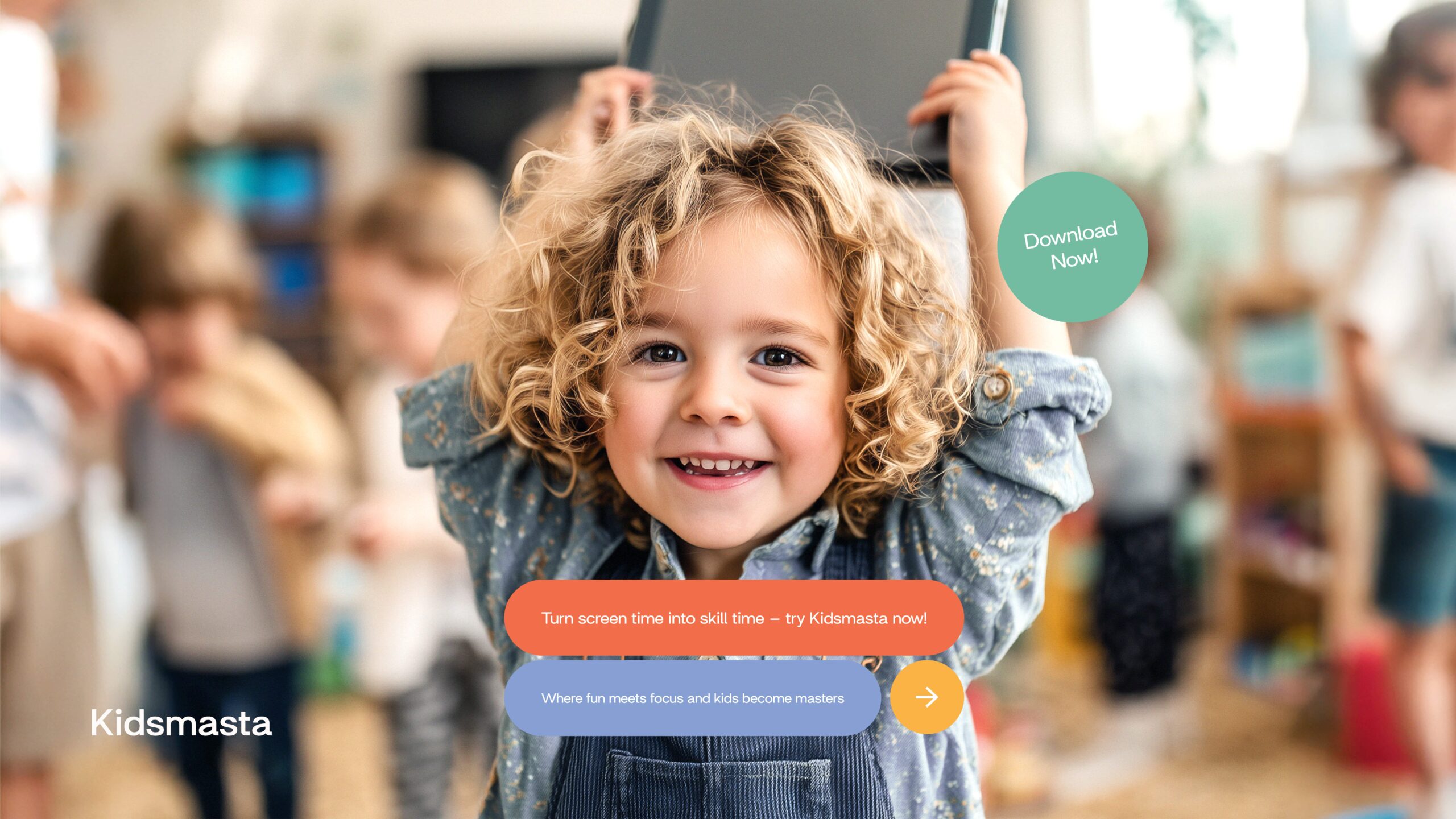 Kidsmasta kids learning app hero banner showing a smiling child in a classroom with “Try Kidsmasta” call to action.