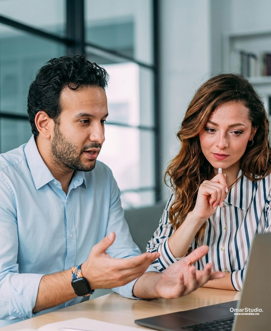 Two professionals in a business discussion — one listening intently, one explaining — during a marketing consultant meeting in a modern London office Omar abbas
