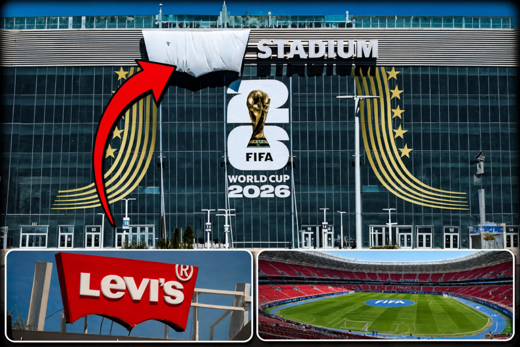 Levi's Stadium sign covered by white tarp for FIFA World Cup 2026 — before and after