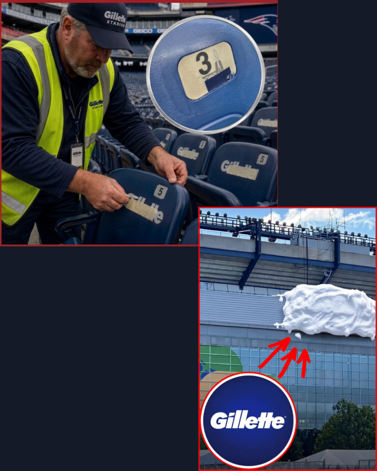 Stadium crew placing blue tape over Gillette logo on every seat at Gillette Stadium for FIFA World Cup 2026