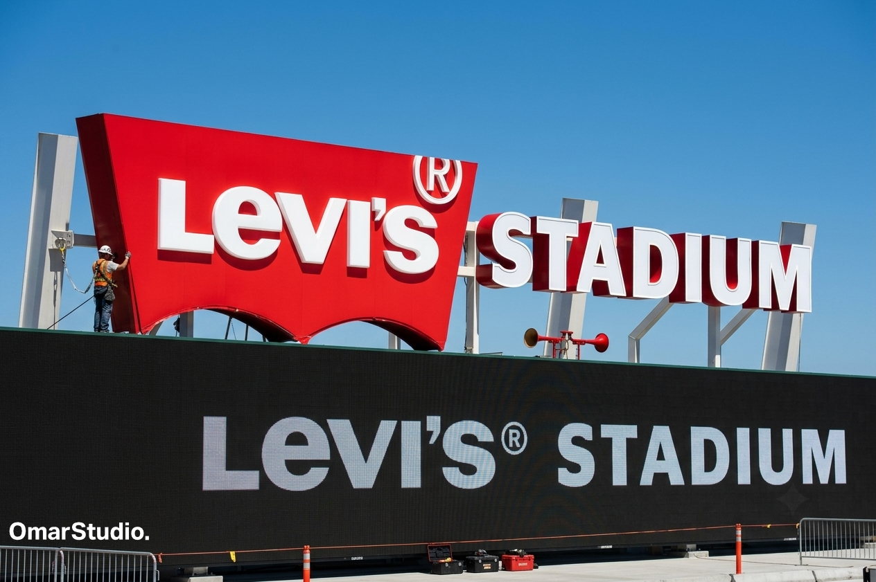 Workers installing the red Levi's batwing stadium sign at Levi's Stadium Santa Clara California