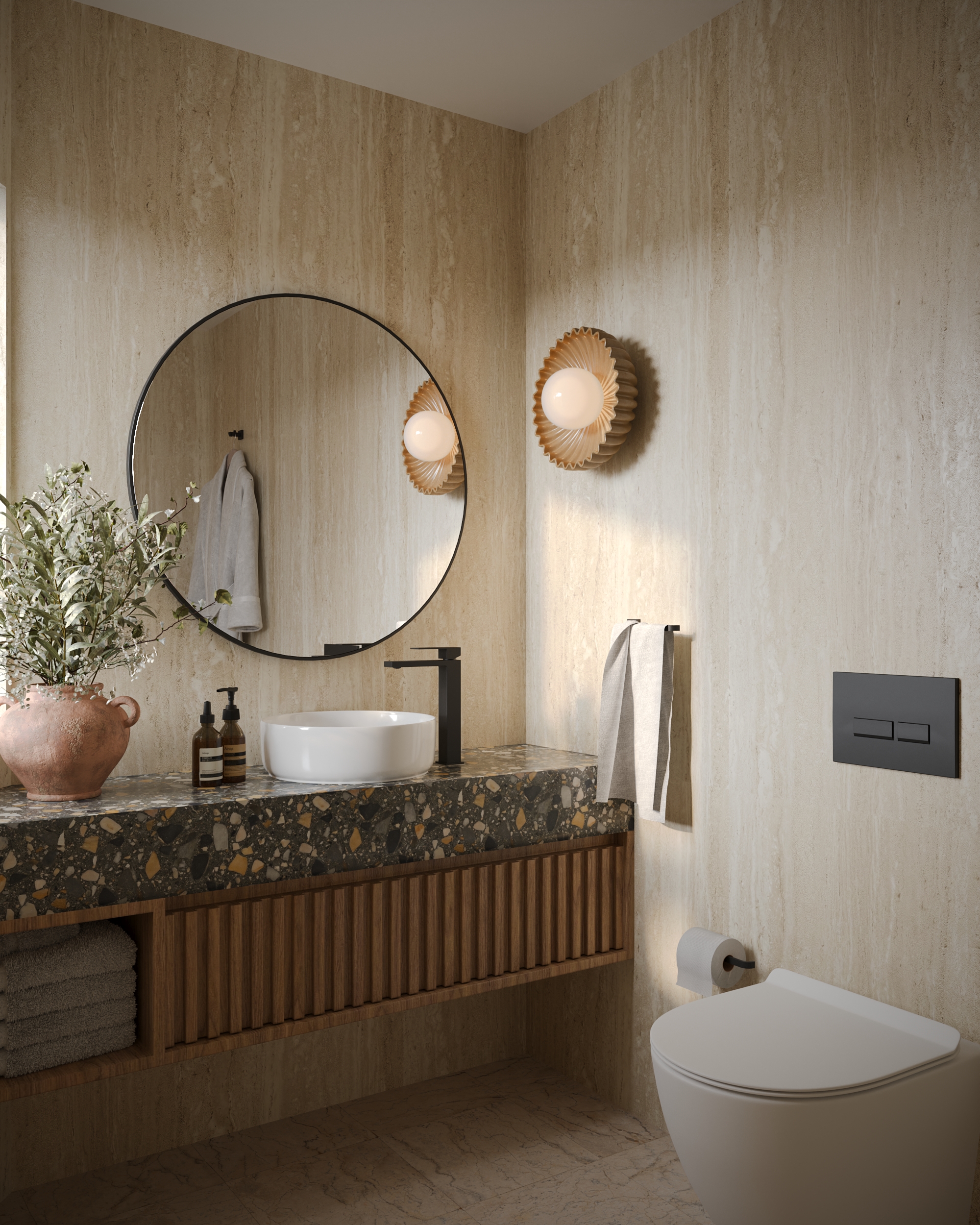 Travertine vanity with matte black fittings