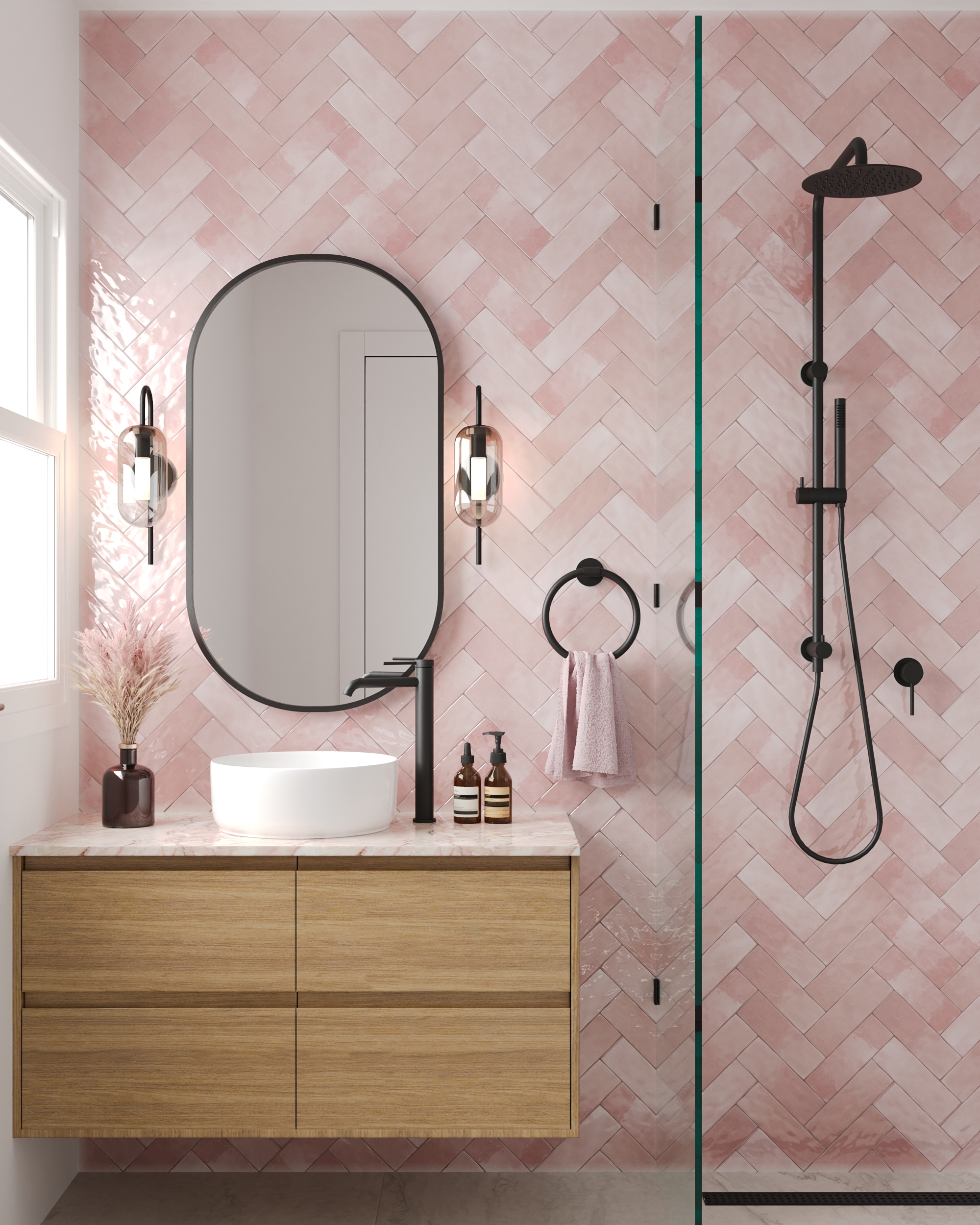 Herringbone tile shower with rain head