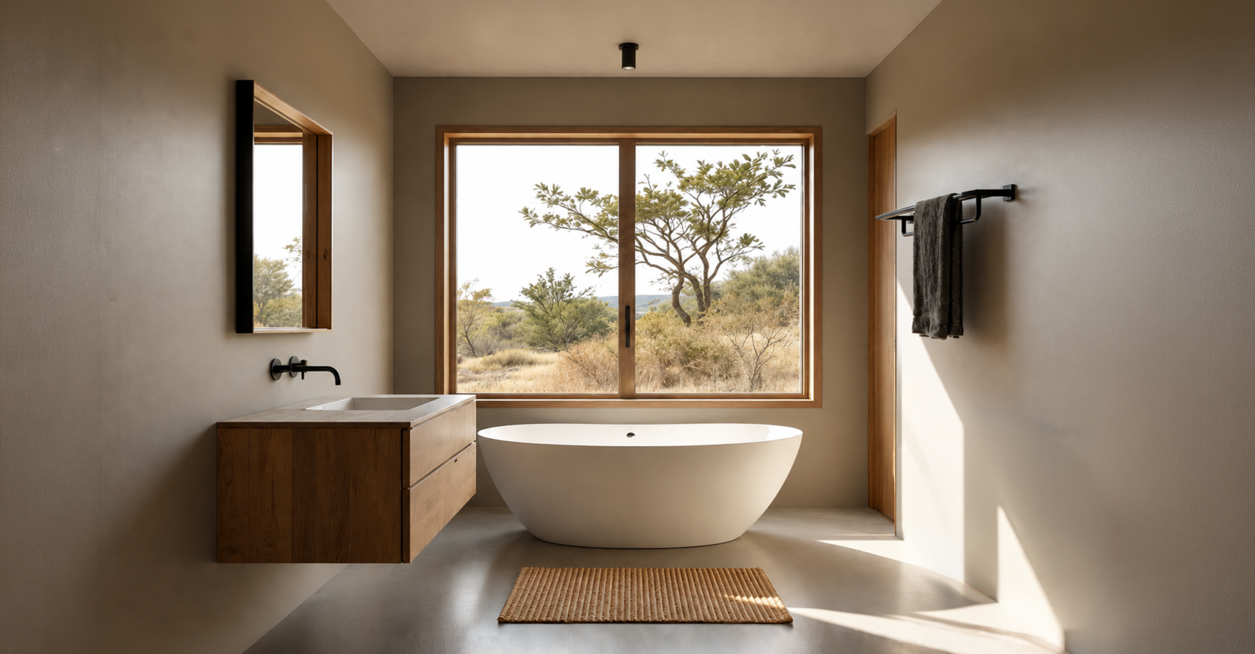 DueGi bathroom fixtures in a warm travertine bathroom